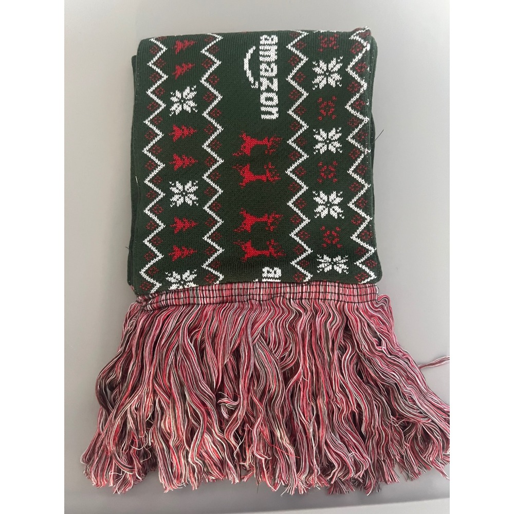Amazon Holiday Christmas Scarf Green Reindeer Snowflake Fringe